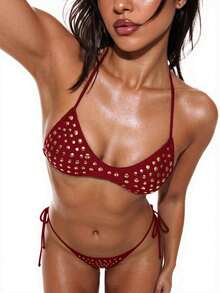 Oceva Women's Swimwear Set, Gold Foil Polka Dot Brown Sexy Bombshell Casual Bikini Beach Vacation - Burgundy - View 4