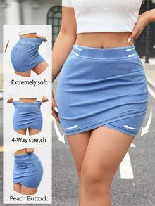 Flexra 女士褶裥口袋休闲百搭日常牛仔迷你裙 - 藍色 - 查看 3