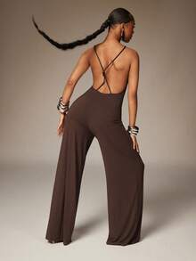 Denimoi Open Back Wide Leg Jumpsuit Sexy Jumpsuits X-Back Jumpsuits Vacation Ibiza European Summer - Coffee Brown - View 3