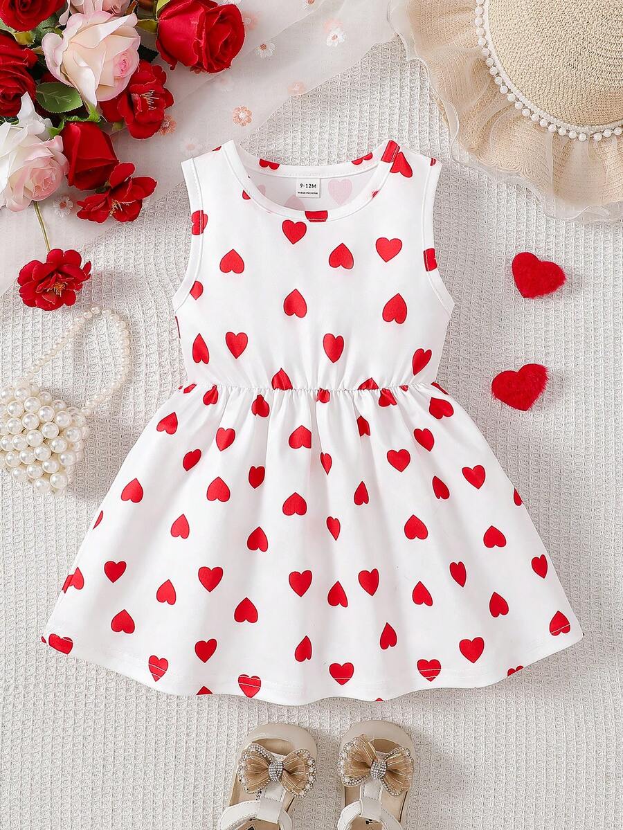 SHEIN Playful Pals Baby Girl Heart Print Round Neck Casual Sleeveless Dress - White - View 1