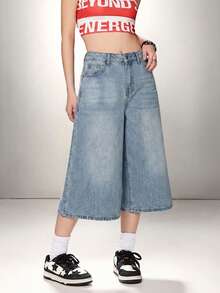 SHEIN ICON 女士休闲宽松七分阔腿牛仔裤，蓝色 - 淺色水洗藍 - 查看 4