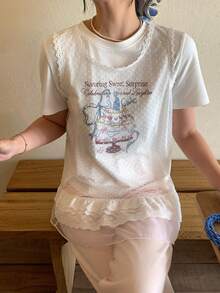 DAZY 女士圆领韩版卡通印花网纱荷叶边叠层两件套 - 白色 - 查看 10