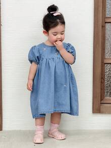 DAZY Đầm denim tay phồng cổ tròn kiểu Hàn Quốc cho bé gái - Màu xanh lam - Xem 3