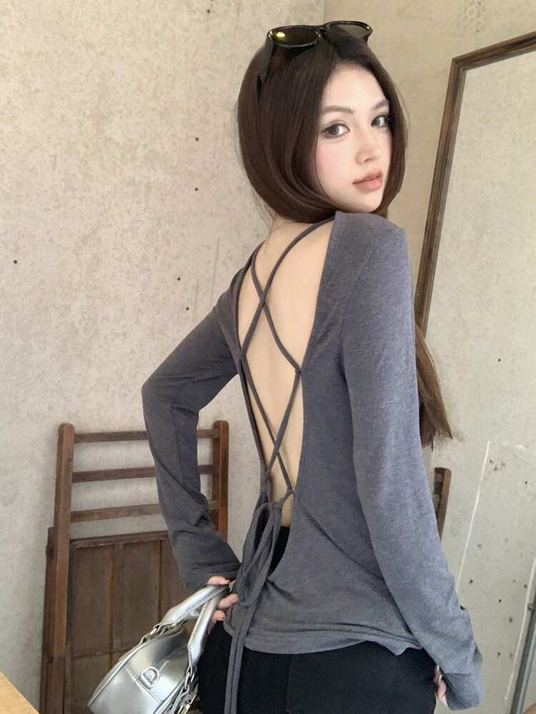 Women's Solid Color Asymmetrical Shoulder Long Sleeve Casual T-Shirt With Criss-Cross Back Design