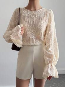 DAZY Women's Round Neck Semi-Sheer Lace Flare Sleeve Blouse - Apricot - View 7