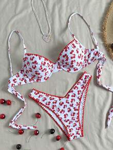 Swim Mod Women's Sexy Cherry Print Spaghetti Strap Bikini Swimwear For Beach Vacation, Summer - Red and White - View 6