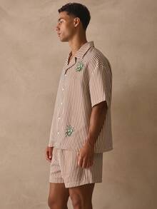 Musero Short Sleeve Dropped Shoulder Pinstripe Top Revere Collar Button Through Olives Graphic Printed Shirt Spring Summer Essentials Holiday - Brown - View 3
