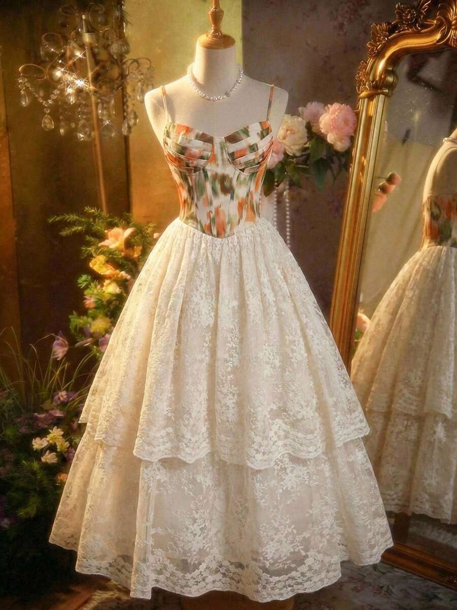 SHEIN MOD Đầm nữ thanh lịch phối lưới thêu họa tiết, thắt eo, thích hợp cho mùa hè. - Nhiều màu - Xem 1