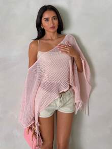 SHEIN Spring/Summer Off Shoulder Pink Ladies Sweater Elegant Hollow-Out Ladies Sweater - Pink - View 5