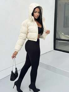 Alexandranx Casual Solid Color Hooded Cropped Winter Jacket ,Petite Women - Beige - View 5