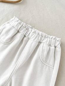 LMoss Kids 女婴花卉刺绣宽松卡其色牛仔裤 - 白色 - 查看 3