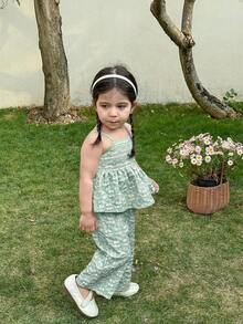 SHEIN LMoss Kids 女婴可爱碎花吊带背心和松紧腰裤套装，夏季 - 綠色 - 查看 4