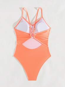 Swim Basics Women's Solid Color Spaghetti Strap One-Piece Swimsuit, Suitable For Beach Vacation - Orange - View 5