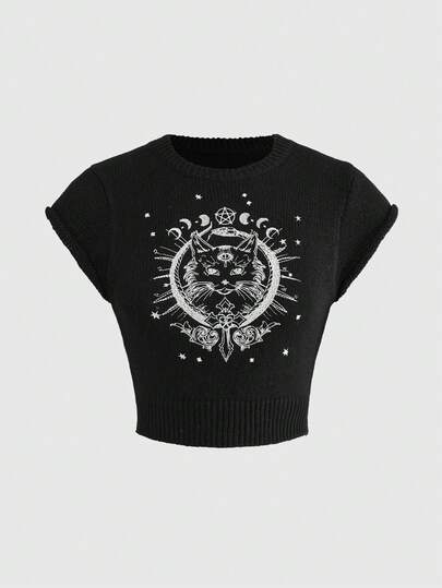 ROMWE Goth Women's Dark Mysterious Cat Embroidered Knit Sweater