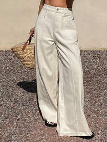 Livesso Women's High Waist Casual Wide Leg Pure White Denim Jeans, Suitable For Summer Outings - White - View 5