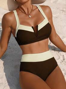 Swim Lushoire Bộ bikini nữ mùa hè, kiểu dáng thường ngày, cổ chữ V, phối nhiều mảnh, thích hợp đi biển. - màu nâu - Xem 1