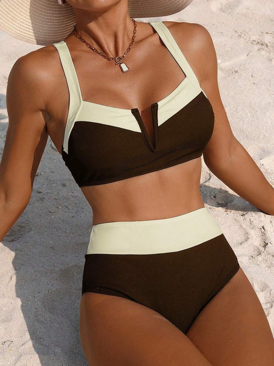 Swim Lushoire Bộ bikini nữ mùa hè, kiểu dáng thường ngày, cổ chữ V, phối nhiều mảnh, thích hợp đi biển. - màu nâu - Xem 1