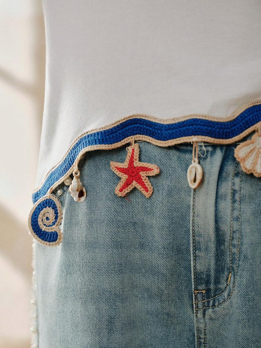 Anewsta Camiseta blanca casual con colgante de océano para niñas preadolescentes, primavera/verano - Beis - Ver 1