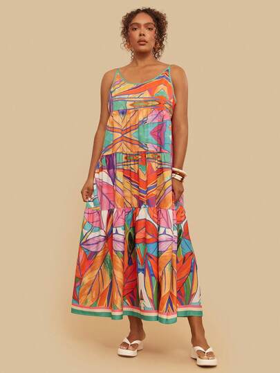 Travachic Vestido largo con estampado floral sin mangas, adecuado para la playa y vacaciones de verano en tallas grandes