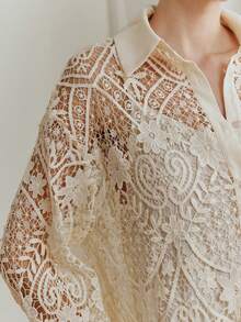 Anewsta Elegant Vacation Water-Soluble Lace Loose Long Sleeve Hollow Out Lace Blouse - Apricot - View 3