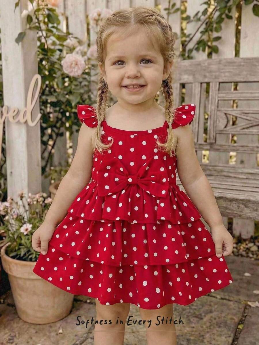 Cozy Pixies Baby/Toddler Girl Sweet Cute Red Polka Dot Strap Ruffle Layered Cake Dress, Summer - Red - View 1