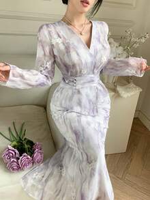 DAZY Conjunto de 2 piezas de falda recta plisada asimétrica con cuello en V floral elegante para mujer, primavera/verano - Azul - Ver 9