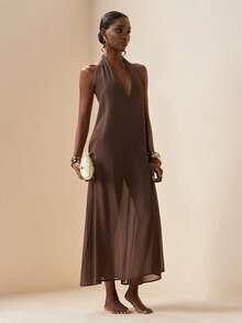 Zivah 2026 Women's Elegant Vacation Casual Beach Sheer V-Neck Long Dress Swimsuit Cover Up - Brown - View 6