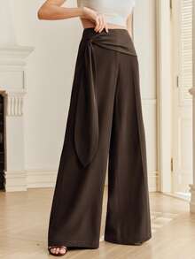 Anewsta Commuting Casual High Waist Flared Ribbon Design Straight Leg Women's Suit Pants - Brown - View 5