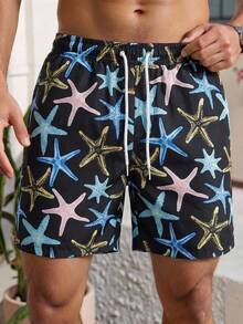 Manfinity Swimmode 男士抽绳腰带海星印花休闲百搭沙滩度假短裤 男士泳裤 配套男士沙滩装 - 黑色 - 查看 2