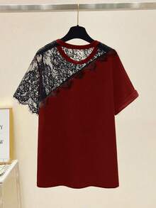 EMERY ROSE Camiseta casual de mujer de talla grande con parches de encaje, para uso diario y ocio - Color caoba - Ver 2