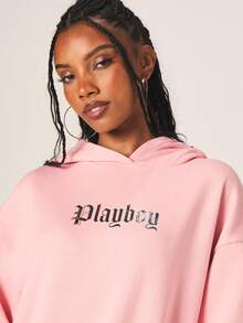 Missguided x Playboy Đầm hoodie hình thỏ hồng với chữ in phía trước ngực và logo phía sau, tay dài, dáng mini rộng rãi. - Hồng - Xem 5