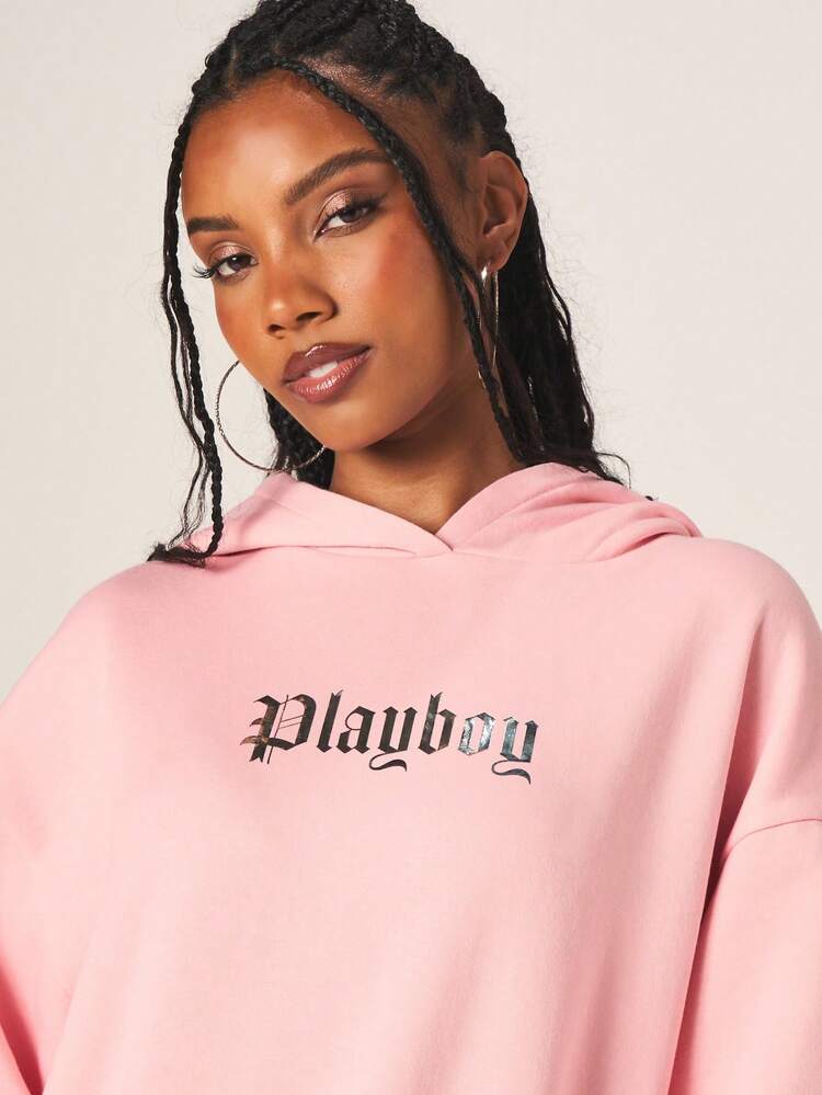 Missguided x Playboy Pink Bunny Hoodie Dress With Front Chest Text And Back Logo Print Long Sleeve Oversized Mini Dress