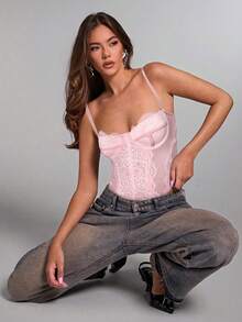 SHEIN BAE Áo corset đen hai dây phối ren dành cho nữ, kiểu dáng gợi cảm, thích hợp cho đêm giao thừa, trang phục đón năm mới cho nữ, áo corset cho nữ. - Màu Hồng  San hô - Xem 6
