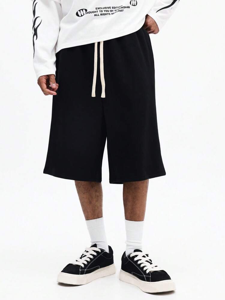 Pantalones cortos de mezclilla casuales de verano con cordón, bolsillos laterales, pierna ancha y ajuste holgado y relajado para hombres