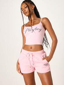 Missguided x Playboy 女士粉色抽绳束脚短裤，饰有星星标志，休闲夏季居家服，宽松版型，中长款，松紧腰带 - 粉色 - 查看 1