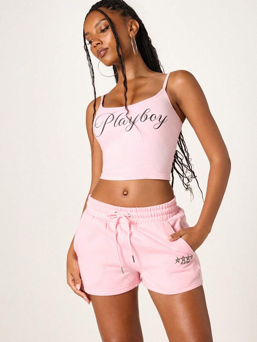 Missguided x Playboy 女士粉色抽绳束脚短裤，饰有星星标志，休闲夏季居家服，宽松版型，中长款，松紧腰带 - 粉色 - 查看 1