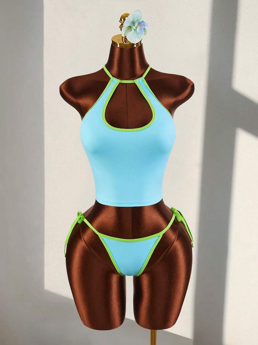 Amplova Bộ đồ bơi 2 món gợi cảm, khoét rỗng, phối màu tương phản, gồm áo crop top và quần bikini mini, thích hợp cho kỳ nghỉ biển.