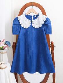 Vestido de niña preadolescente con cuello redondo, bordado floral y manga abullonada con volantes, adecuado para compras, fiestas, reuniones, vacaciones y escuela - Azul - Ver 4