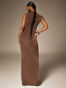 Denimoi 低袖侧镂空长款连衣裙，性感连衣裙，适合闺蜜约会之夜和度假穿着。 - 棕色 - 查看 6