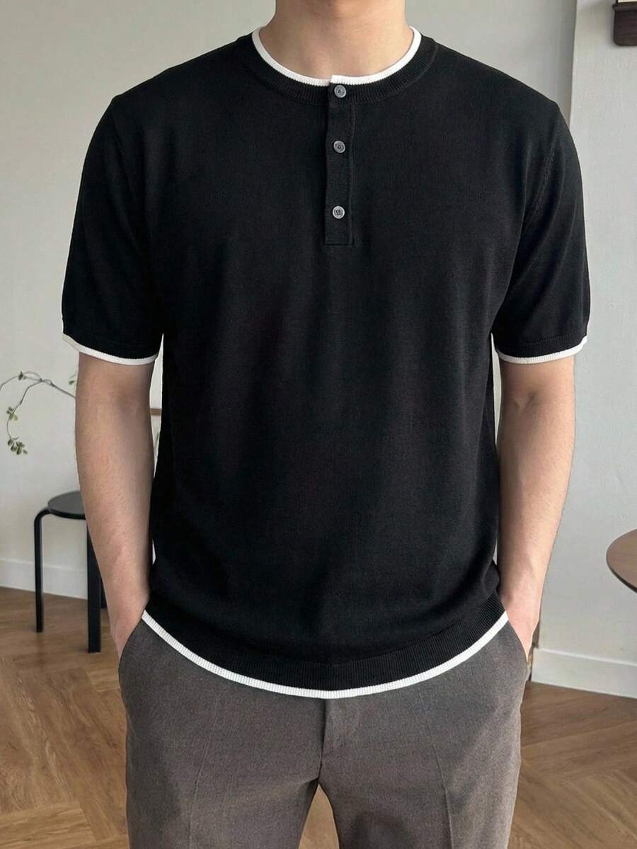 DAZY 男士夏季短袖修身二合一针织上衣 - 黑色 - 查看 1