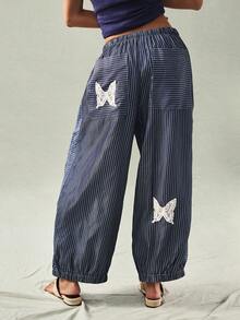 SoleilVie Women's Striped Patch Casual Loose Pants - Navy Blue - View 3