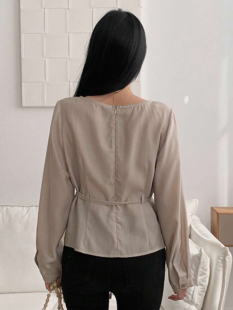 Women's Solid Color Belted Elegant Formal Summer Blouse