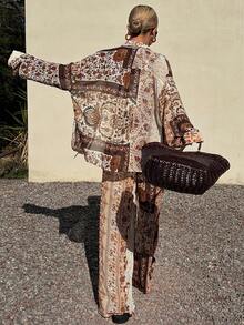 DAZY Women's Floral Print Loose Long Sleeve Shirt And Wide Leg Pants Two Pieces Casual Vacation Summer Set - Brown - View 2