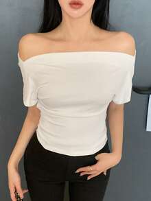 DAZY Women's Casual Off-Shoulder Ruched Fitted T-Shirt, Solid Color, Suitable For Daily Commute, Summer - White - View 6