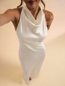 SHEIN BAE Women's White Satin Backless Elegant Mermaid Hem Dress, Graceful Formal Dress, Holiday Dress, Bridesmaid Dress, Birthday Party Dress, Graduation Dress - White - View 7