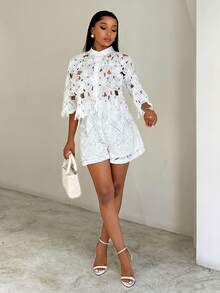 BamGleam 夏季白色花卉刺绣镂空拼接休闲优雅女式衬衫 - 白色 - 查看 5