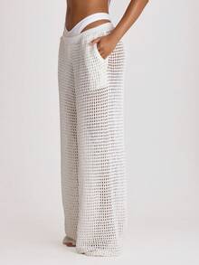 Musera Resort Crochet Knit Wide Leg Cover Up Trousers Swim Vacation Holiday Summer Travel Beachwear Basics Hen Do Wedding Bridal Bachelorette Solid Colour Core - White - View 4