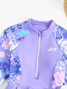 SHEIN 少女时尚休闲保守沙滩/泳池/派对/度假热带印花长袖拉链连体泳衣 - 紫色 - 查看 4