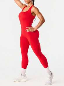 Dewbera 女士无缝红色运动连体裤，无袖交叉绑带心形镂空瑜伽健身裤 - 紅色 - 查看 5
