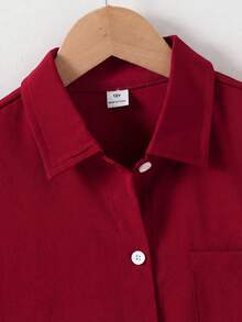 SHEIN Camisa de niño con cuello vuelto, diseño de bolsillo real, de tela texturizada, de corte holgado y casual para primavera/verano - Rojo - Ver 5